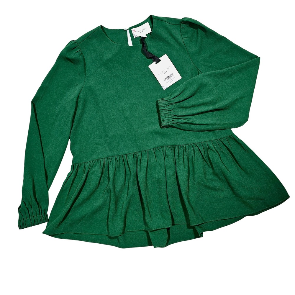 Pomander Place Peplum Top Women M Green Long Sleeve Ruffle Twee Holiday Academia